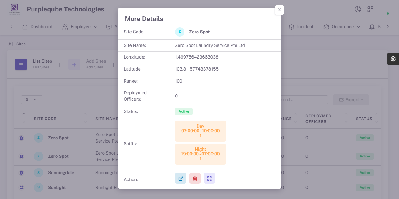 More Details dialog showing comprehensive site information including shifts and action buttons